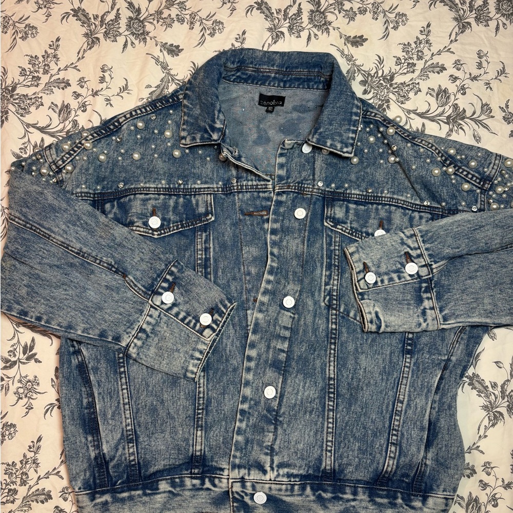 Zenobia Pearl Rhinestone Studded Denim Jacket 1XL Acid Wash NWOT